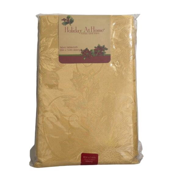 Vintage NIP Gold Damask Tablecloth Winter Poinsettia 60"x 144” Holiday at Home